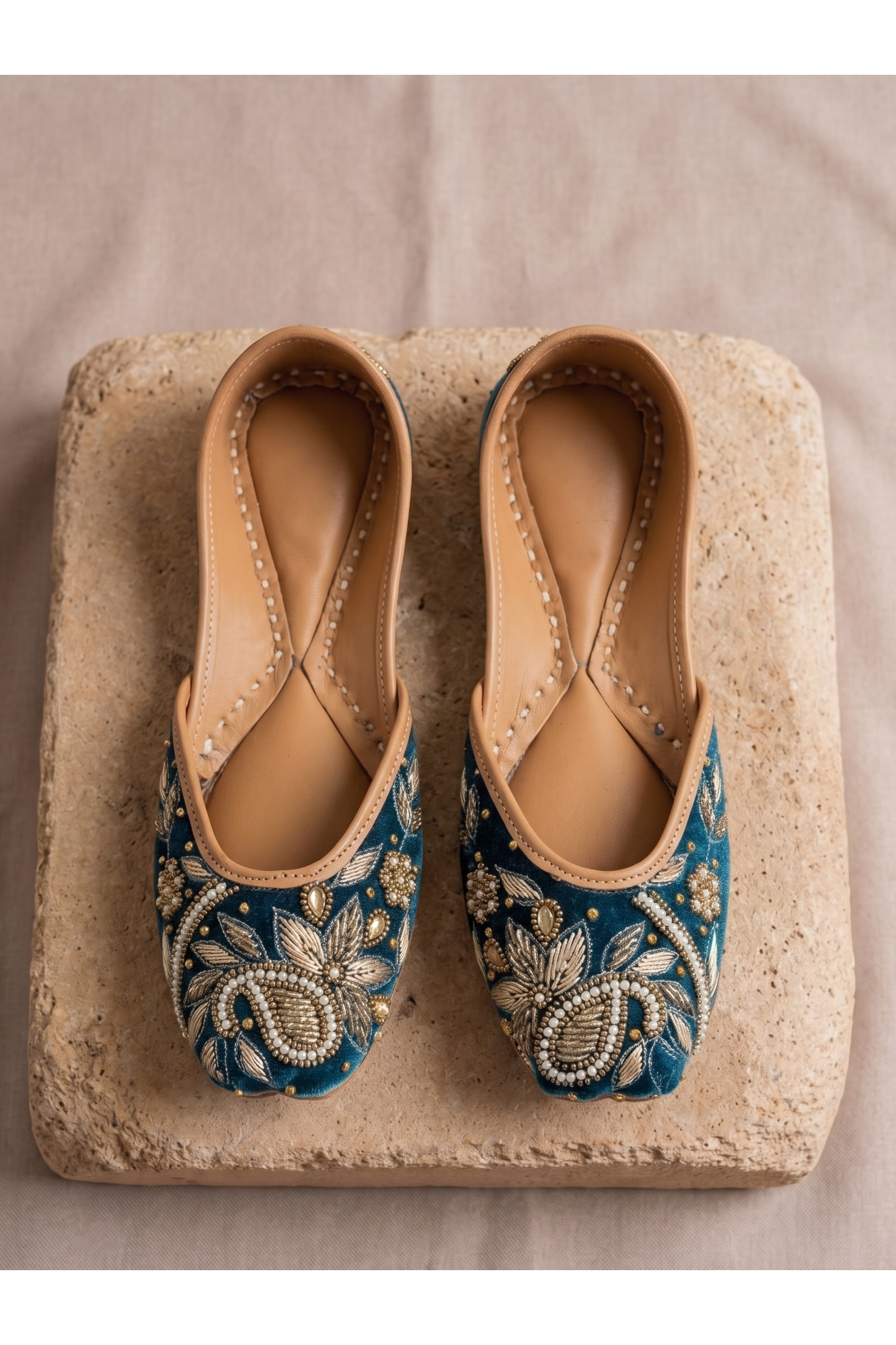 Teal Velvet & Antique Gold Handcrafted Zardozi Ethnic Jutti for Women