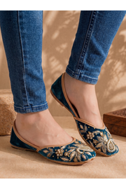 Teal Velvet & Antique Gold Handcrafted Zardozi Ethnic Jutti for Women