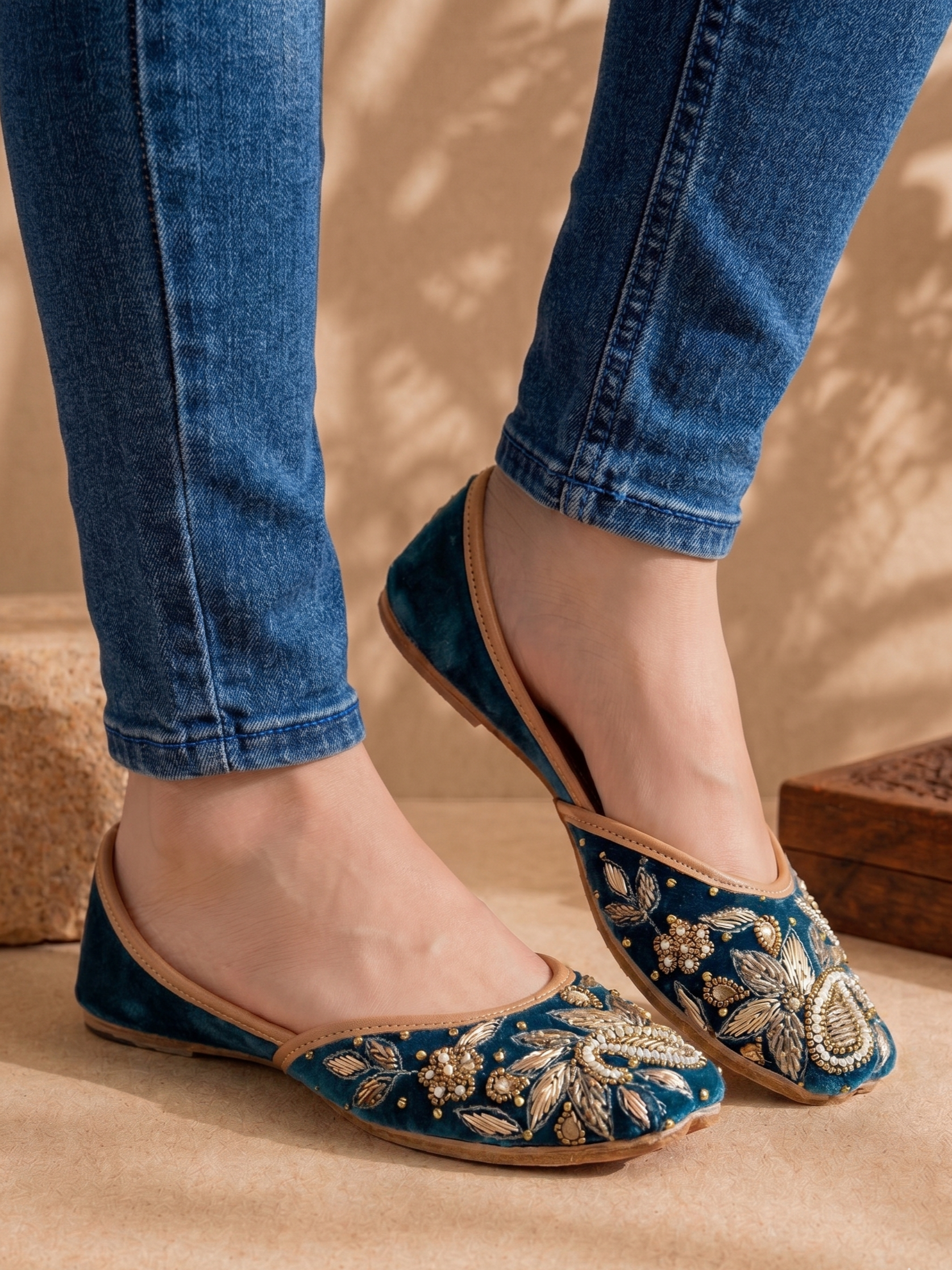 Teal Velvet & Antique Gold Handcrafted Zardozi Ethnic Jutti for Women