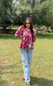 Pink Handblock Peplum Top