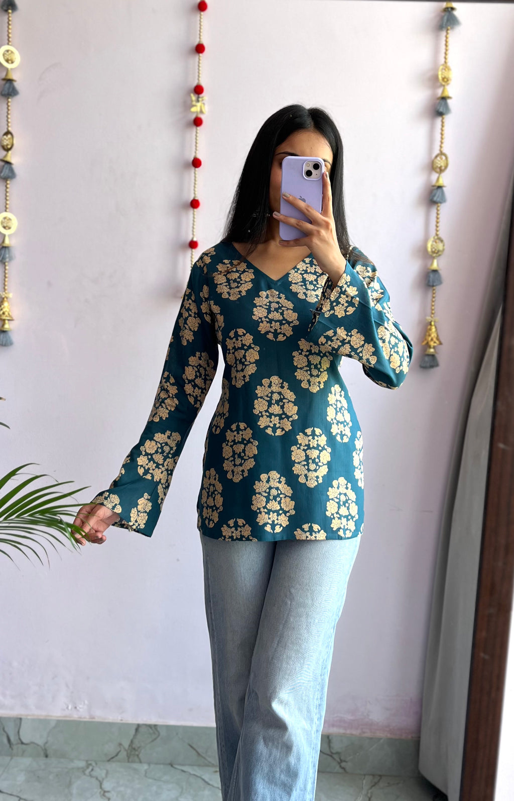 Teal Gold Glow Bell Sleeve Kurti