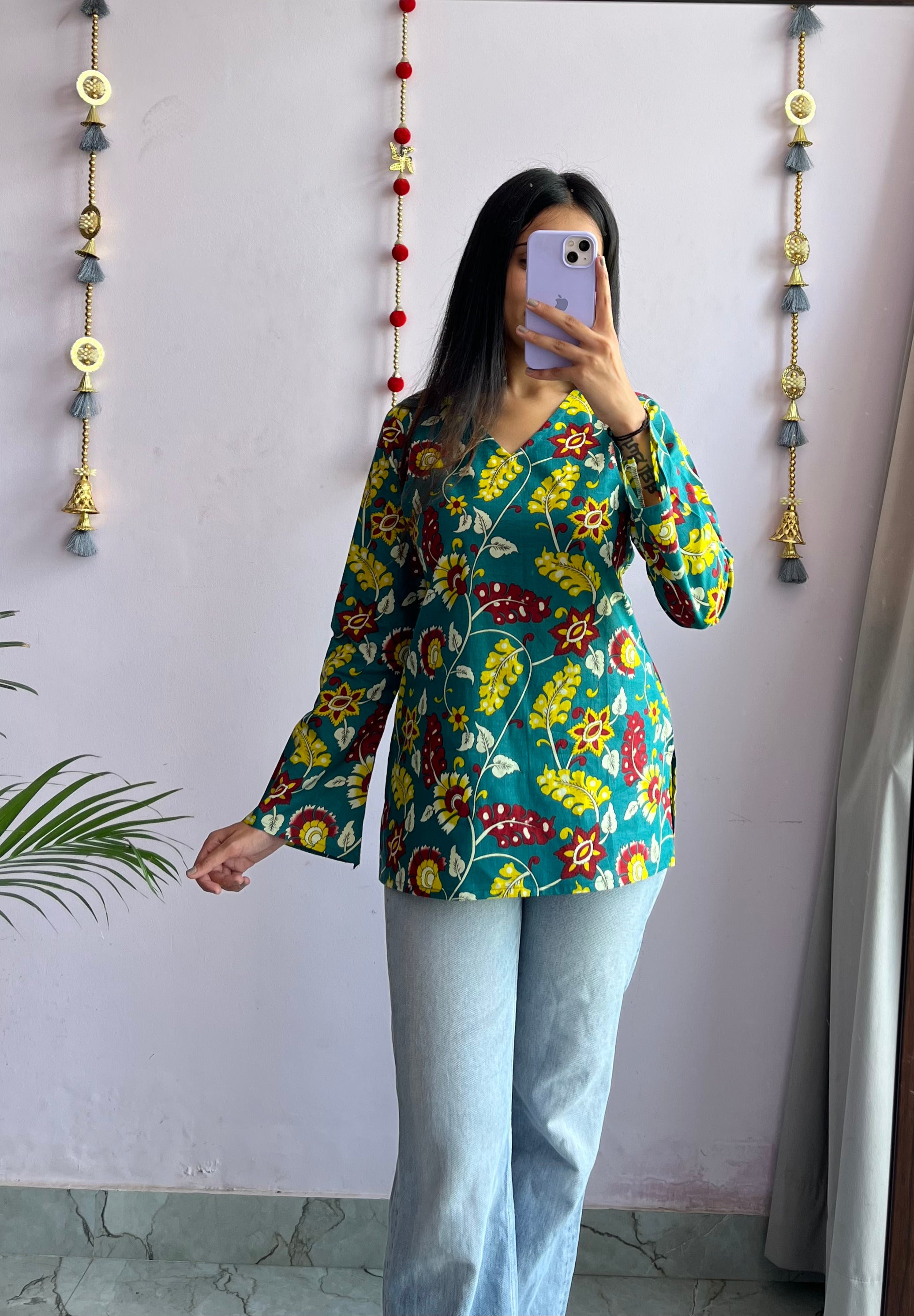 Floral Pop Teal Bell Sleeve Kurti