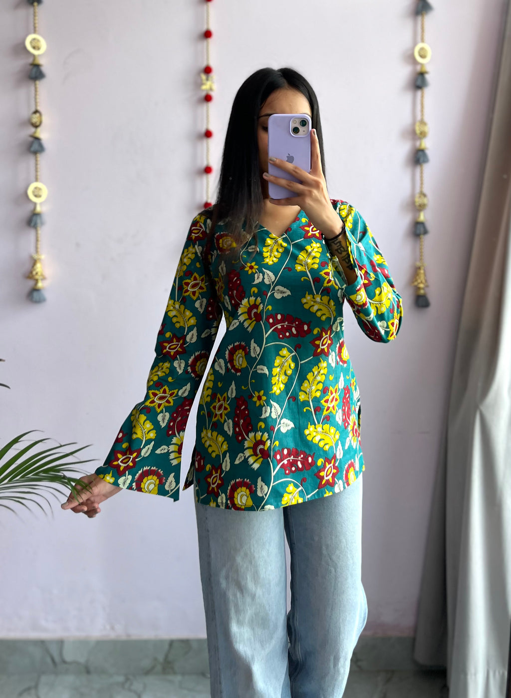 Floral Pop Teal Bell Sleeve Kurti
