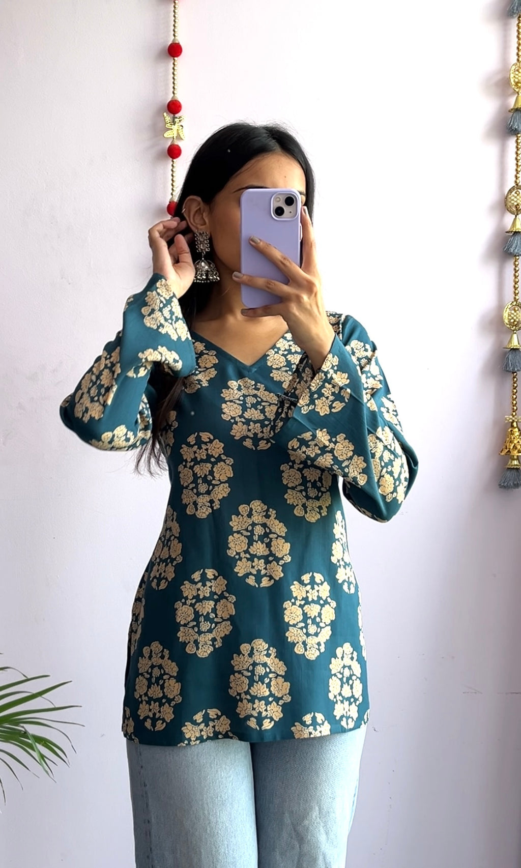 Teal Gold Glow Bell Sleeve Kurti