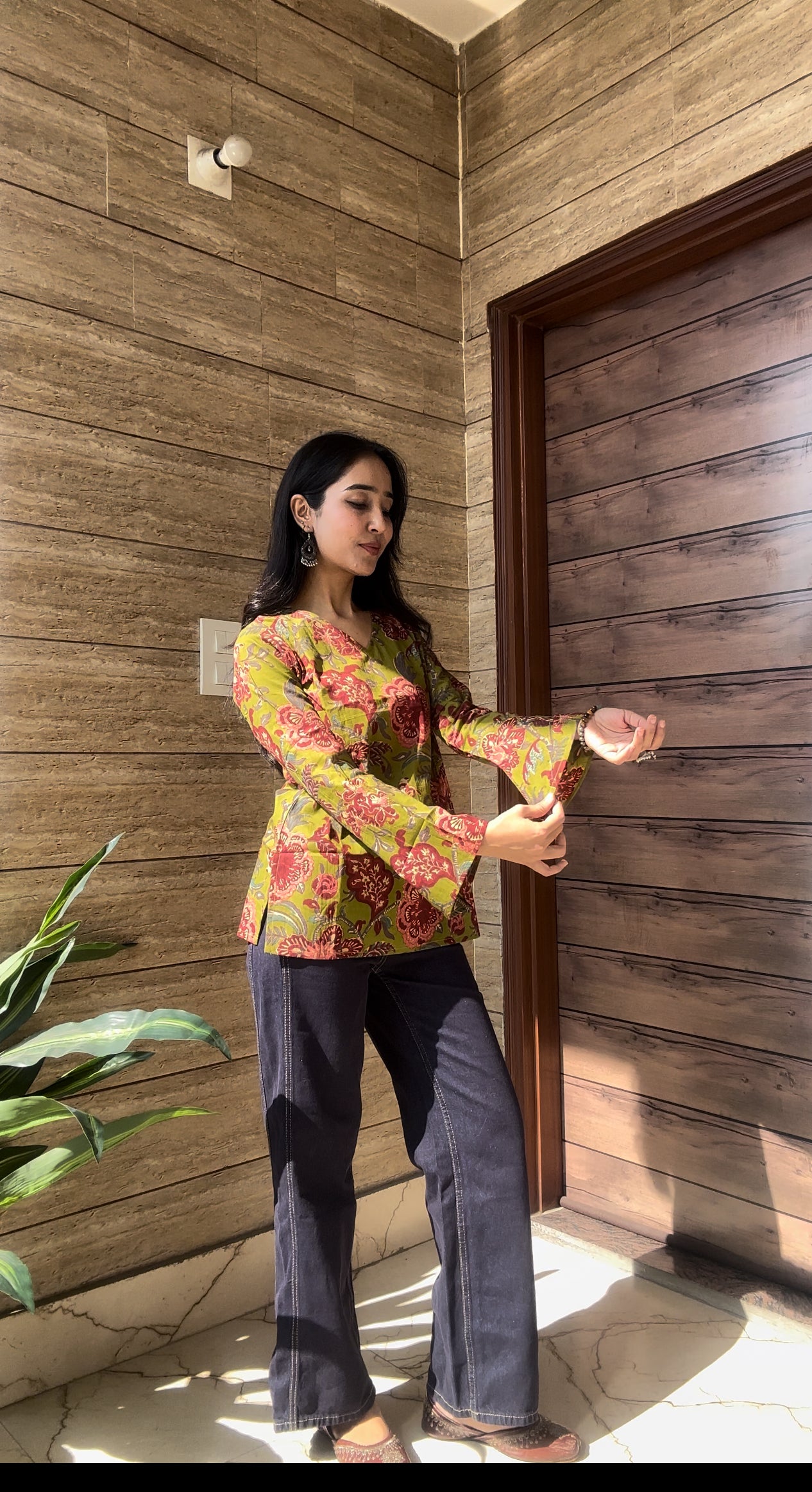 Green Floral Bell Sleeve Kurti