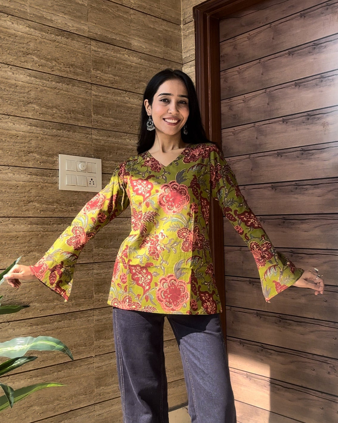 Green Floral Bell Sleeve Kurti