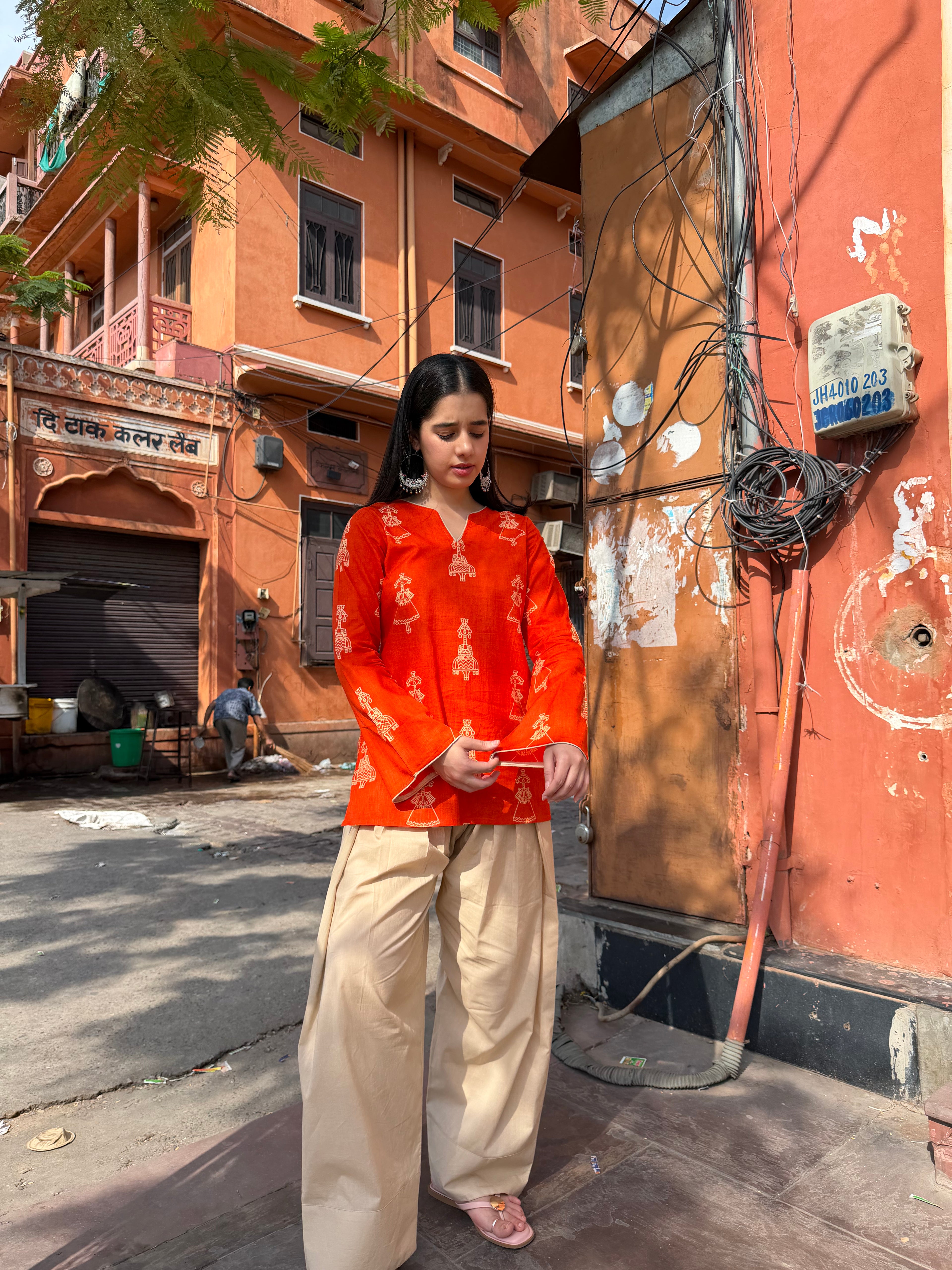 Orange Handblock Farshi Salwar Set
