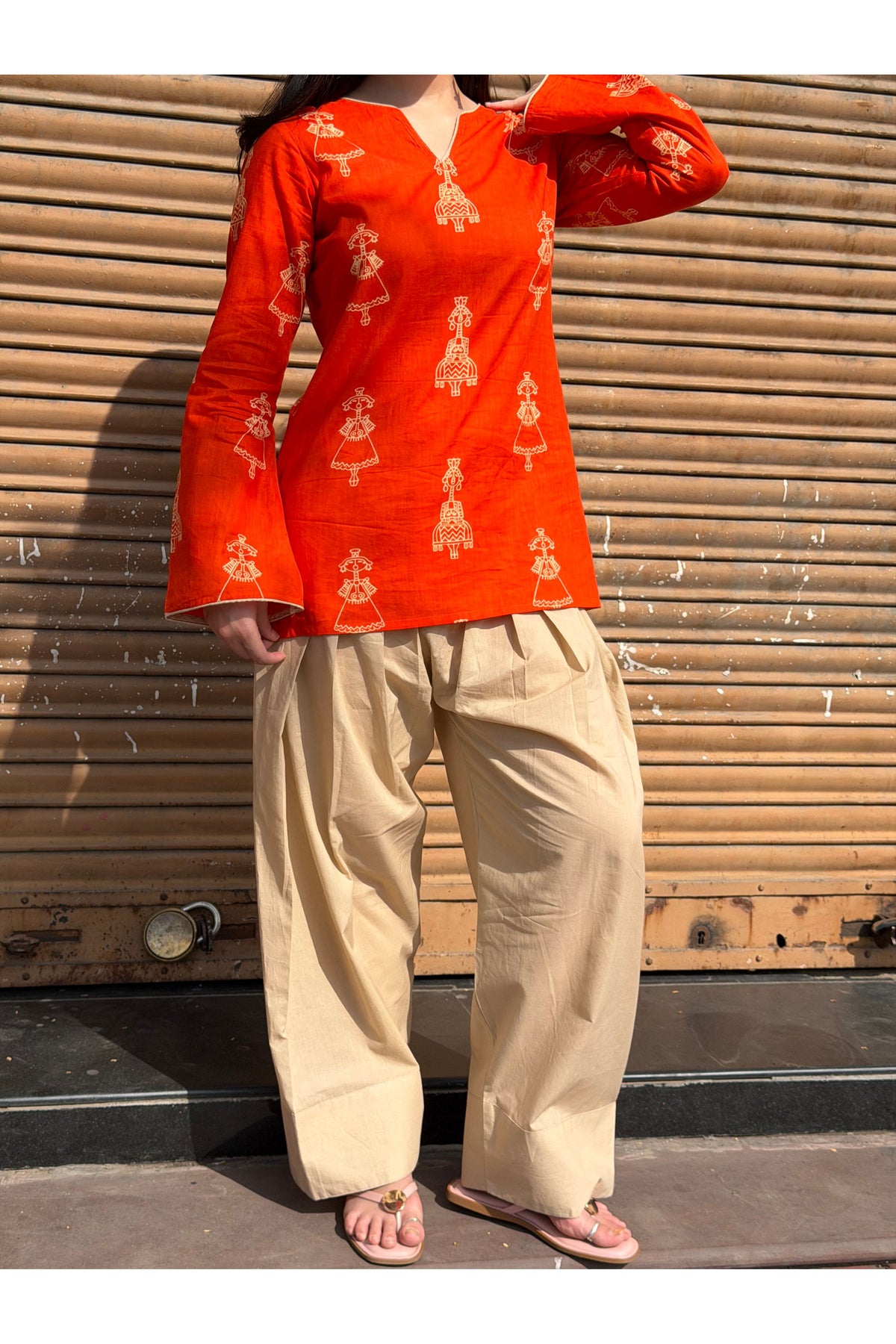 Orange Handblock Farshi Salwar Set