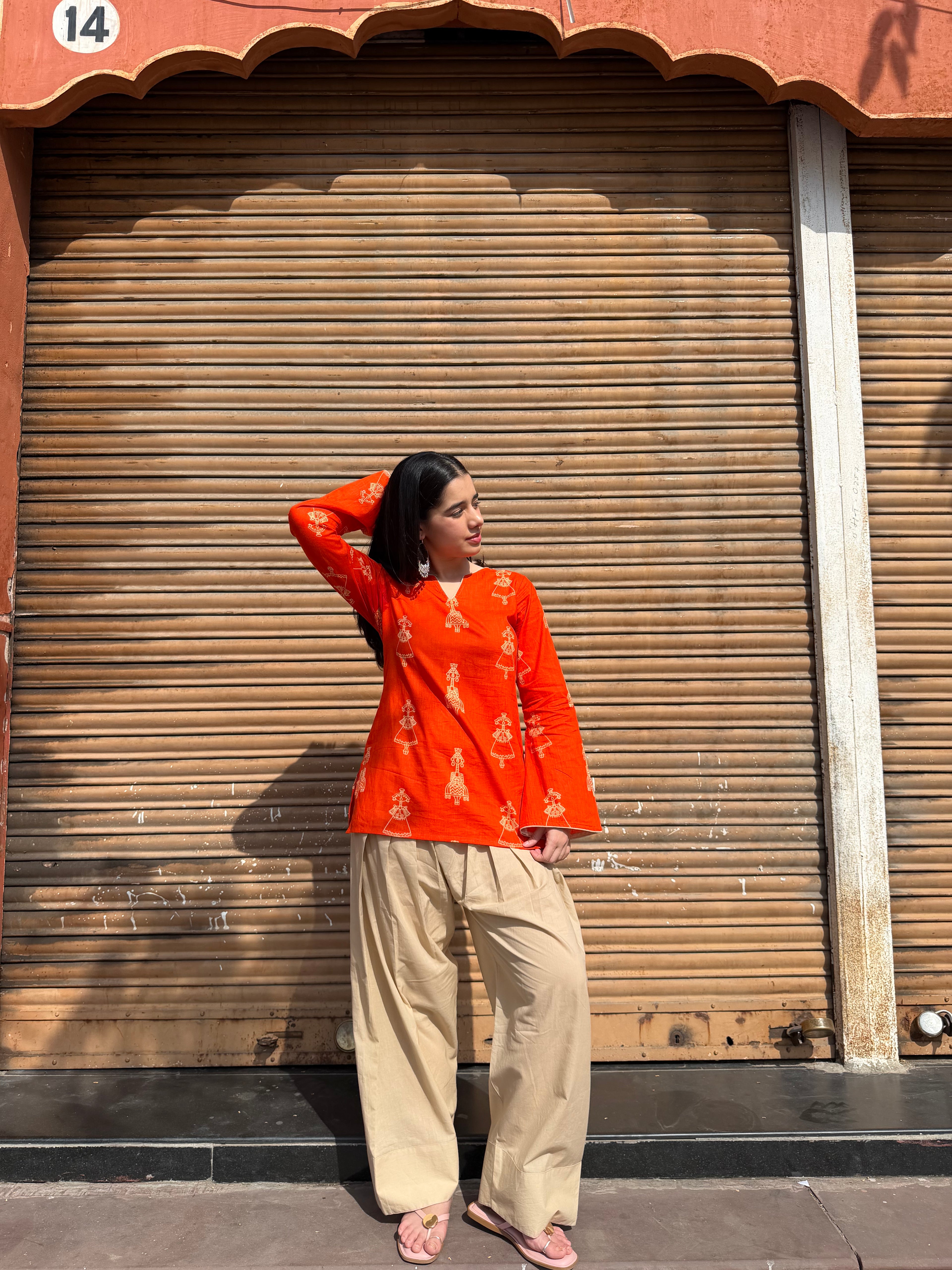 Orange Handblock Farshi Salwar Set