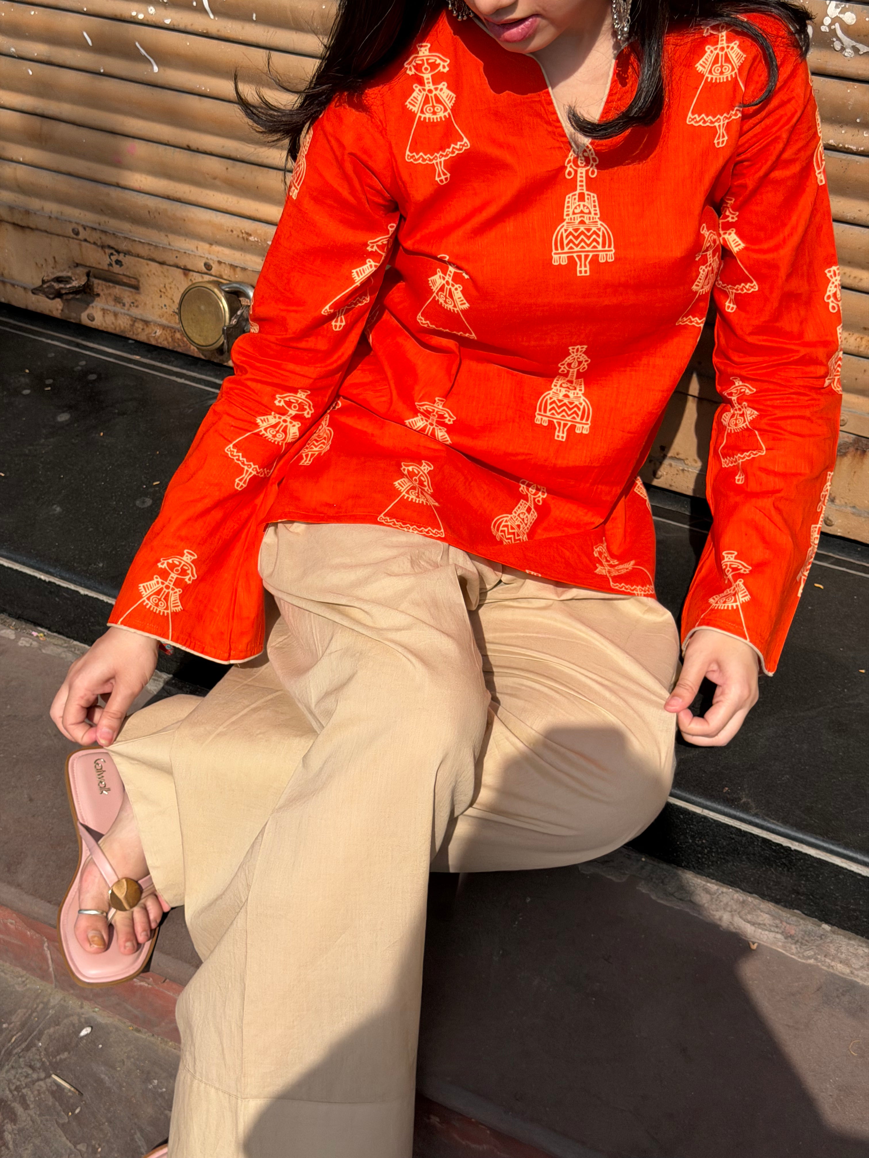 Orange Handblock Farshi Salwar Set
