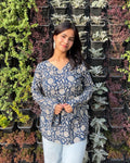 Navy Blossom Bell Sleeve Kurti