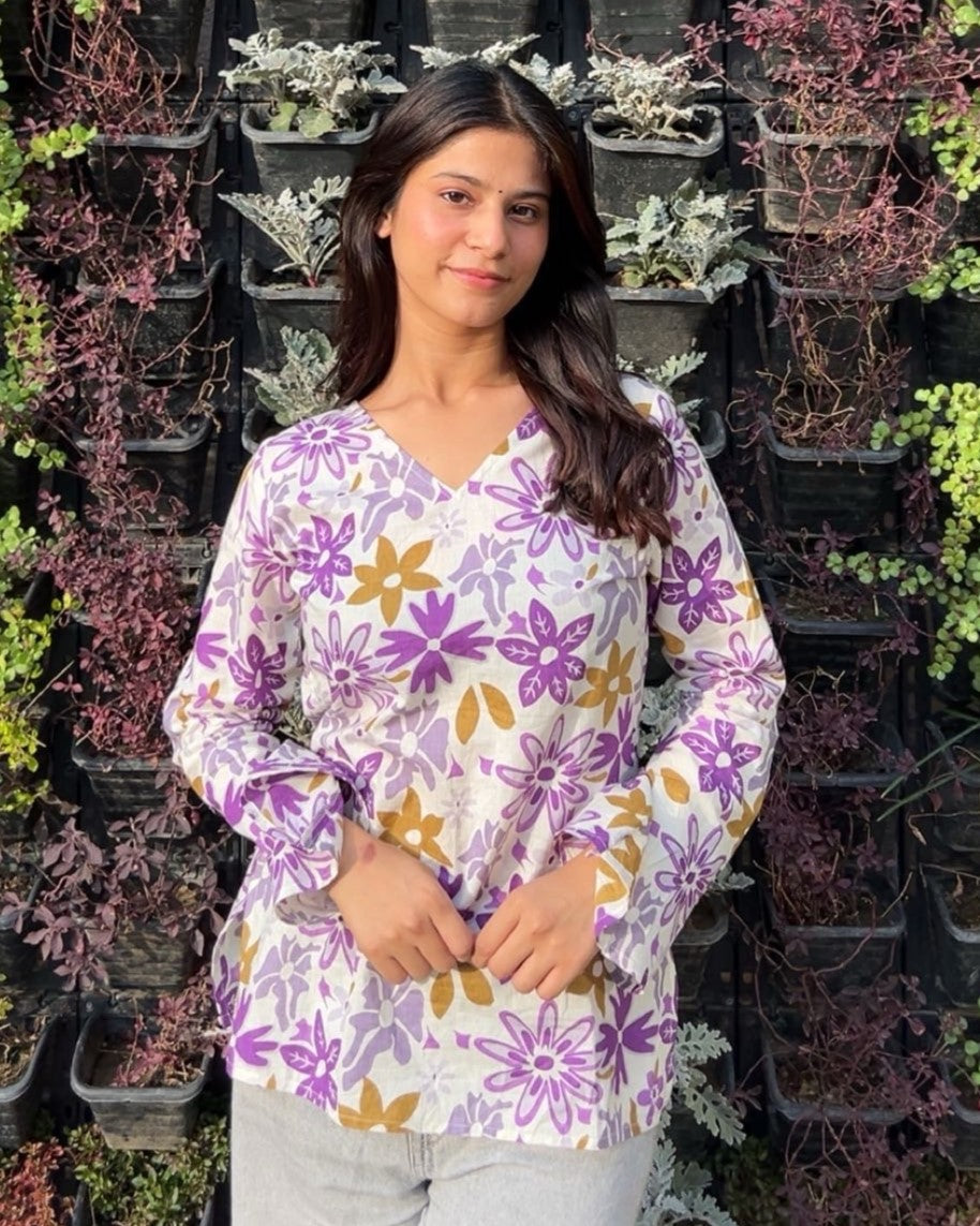Purple Blossom Bell Sleeve Kurti