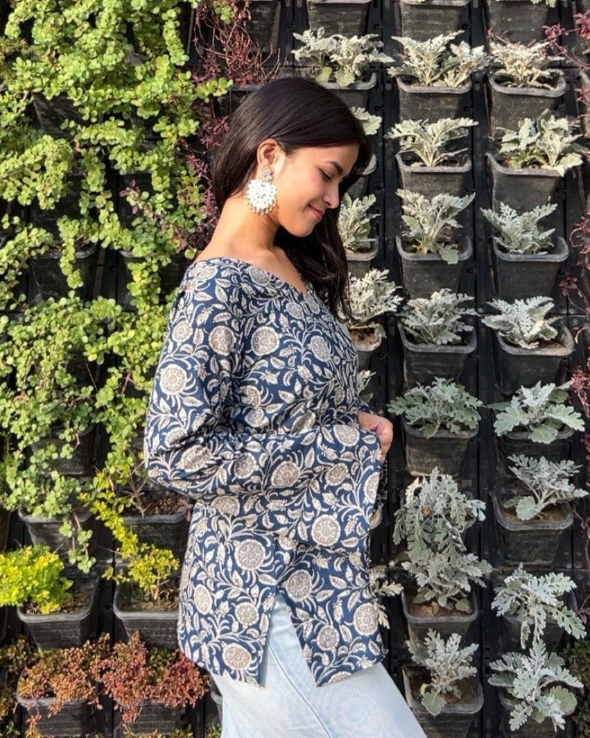 Navy Blossom Bell Sleeve Kurti