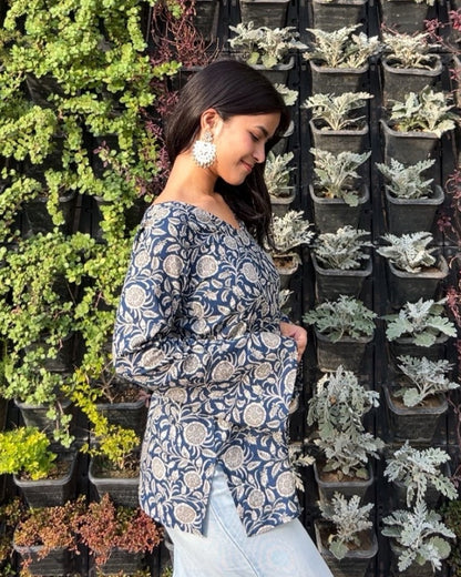 Navy Blossom Bell Sleeve Kurti