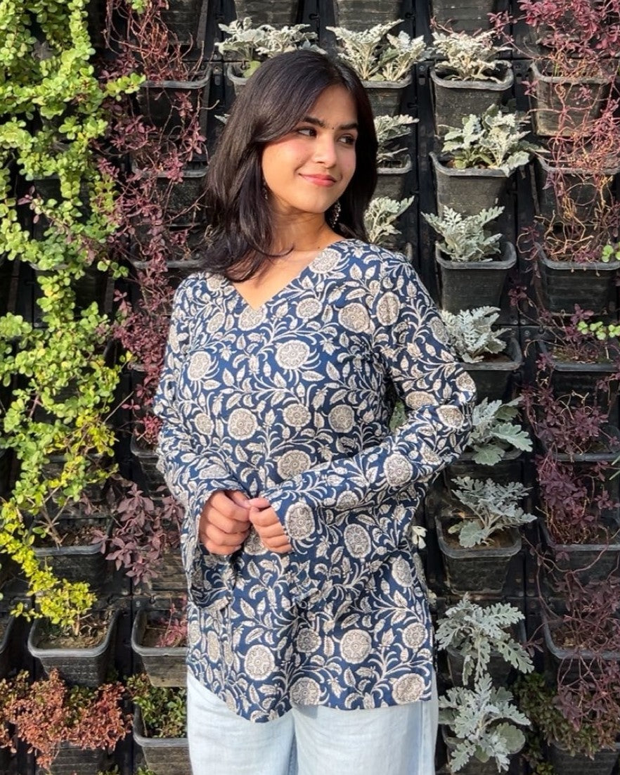 Navy Blossom Bell Sleeve Kurti