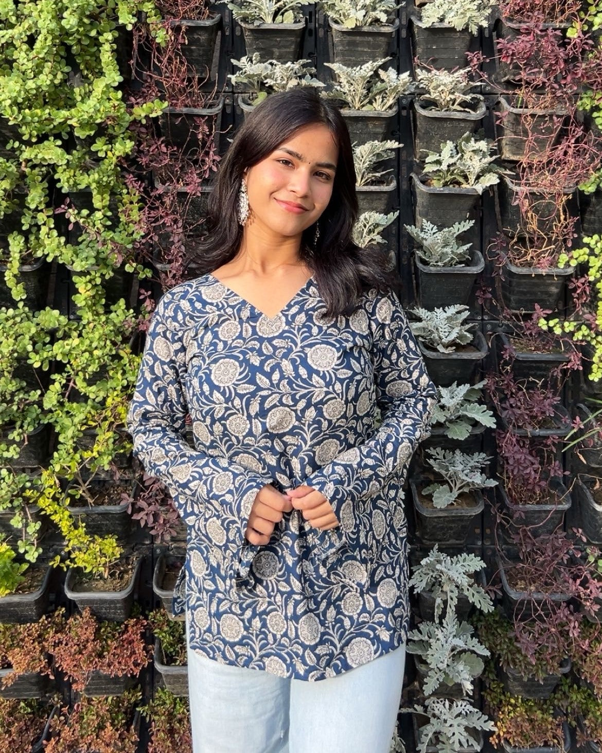 Navy Blossom Bell Sleeve Kurti