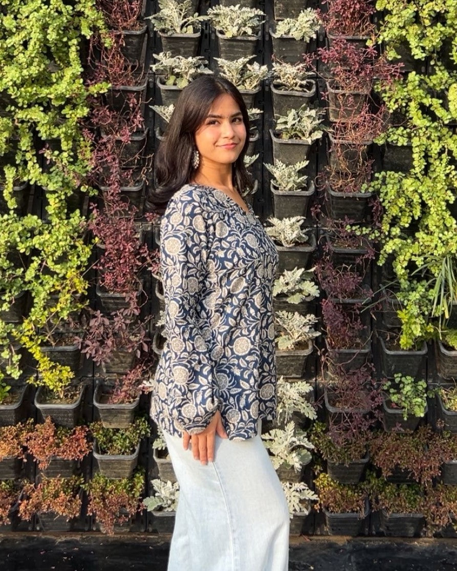 Navy Blossom Bell Sleeve Kurti