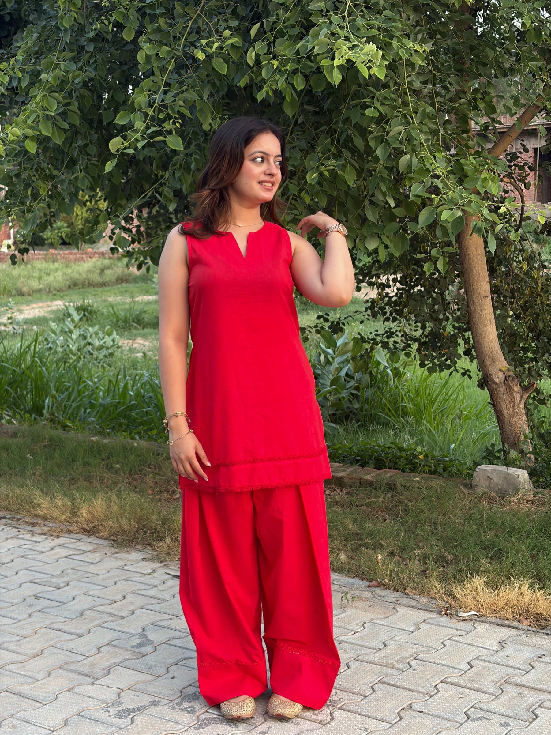 Scarlet Red Lace Trim Farshi Salwar Set