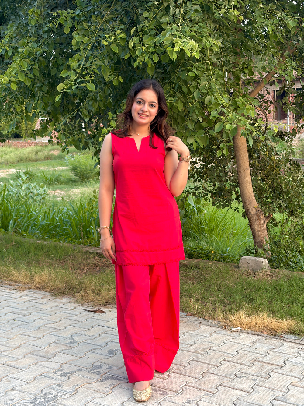 Scarlet Red Lace Trim Farshi Salwar Set