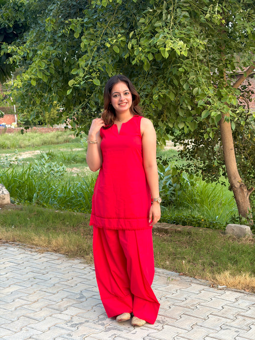Scarlet Red Lace Trim Farshi Salwar Set
