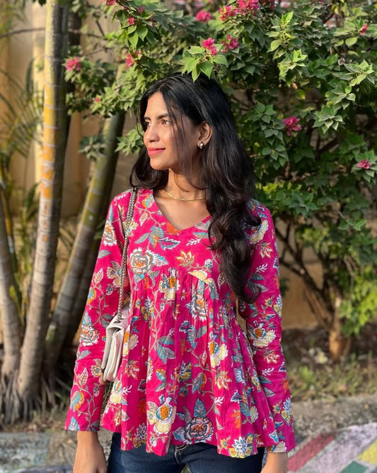 Pink Handblock Peplum Top