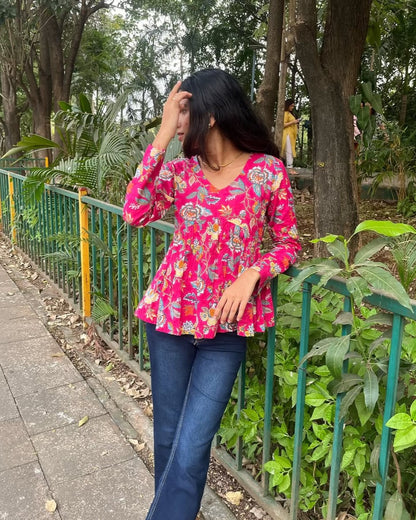 Pink Handblock Peplum Top