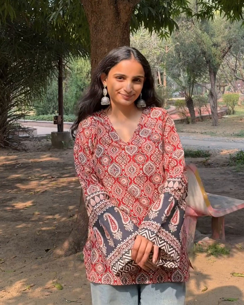 Rust Ajrakh Charm Bell Sleeve Kurti