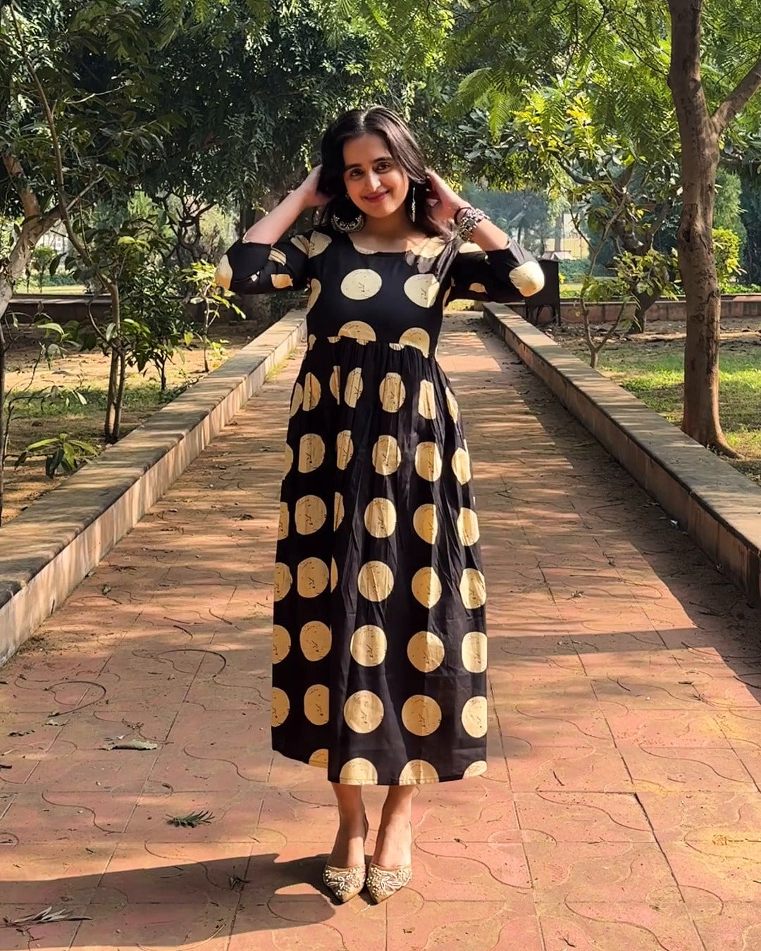 Bagru Ivory Polka Anarkali Dress