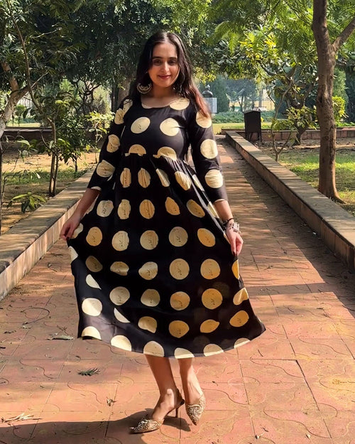 Bagru Ivory Polka Anarkali Dress