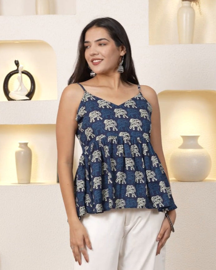 Indigo Adjustable-Strap Peplum Top