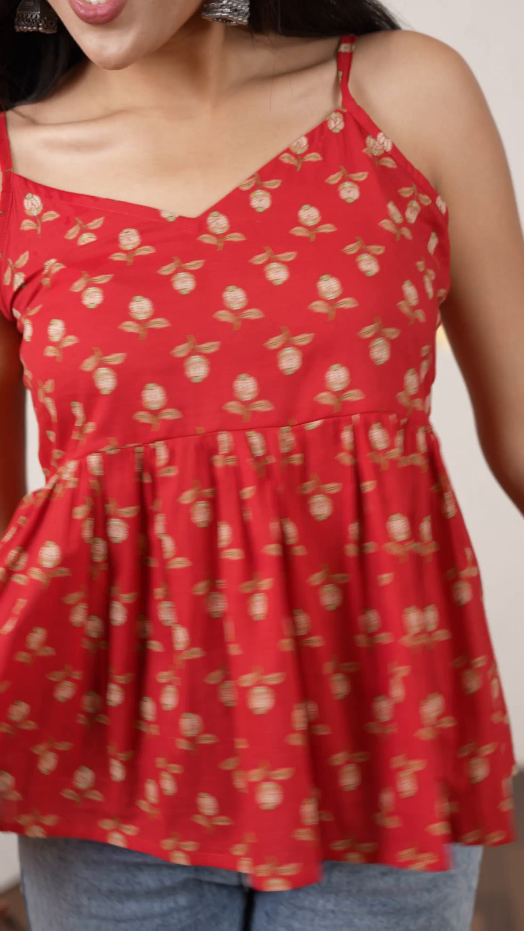 Red Adjustable-Strap Peplum Top