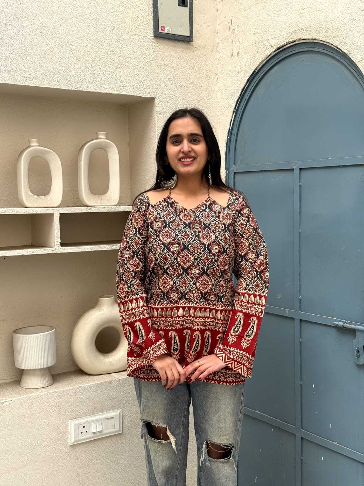 Ajrakh Rust Border Designer Top
