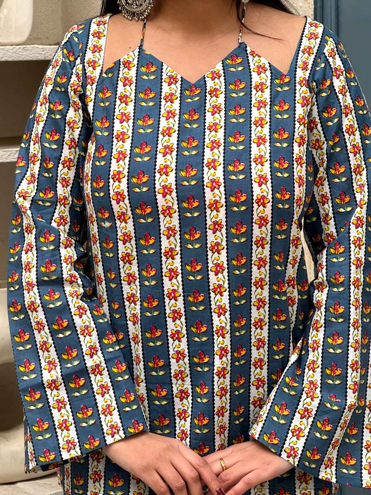 Bagru Teal Bloom Stripe Top