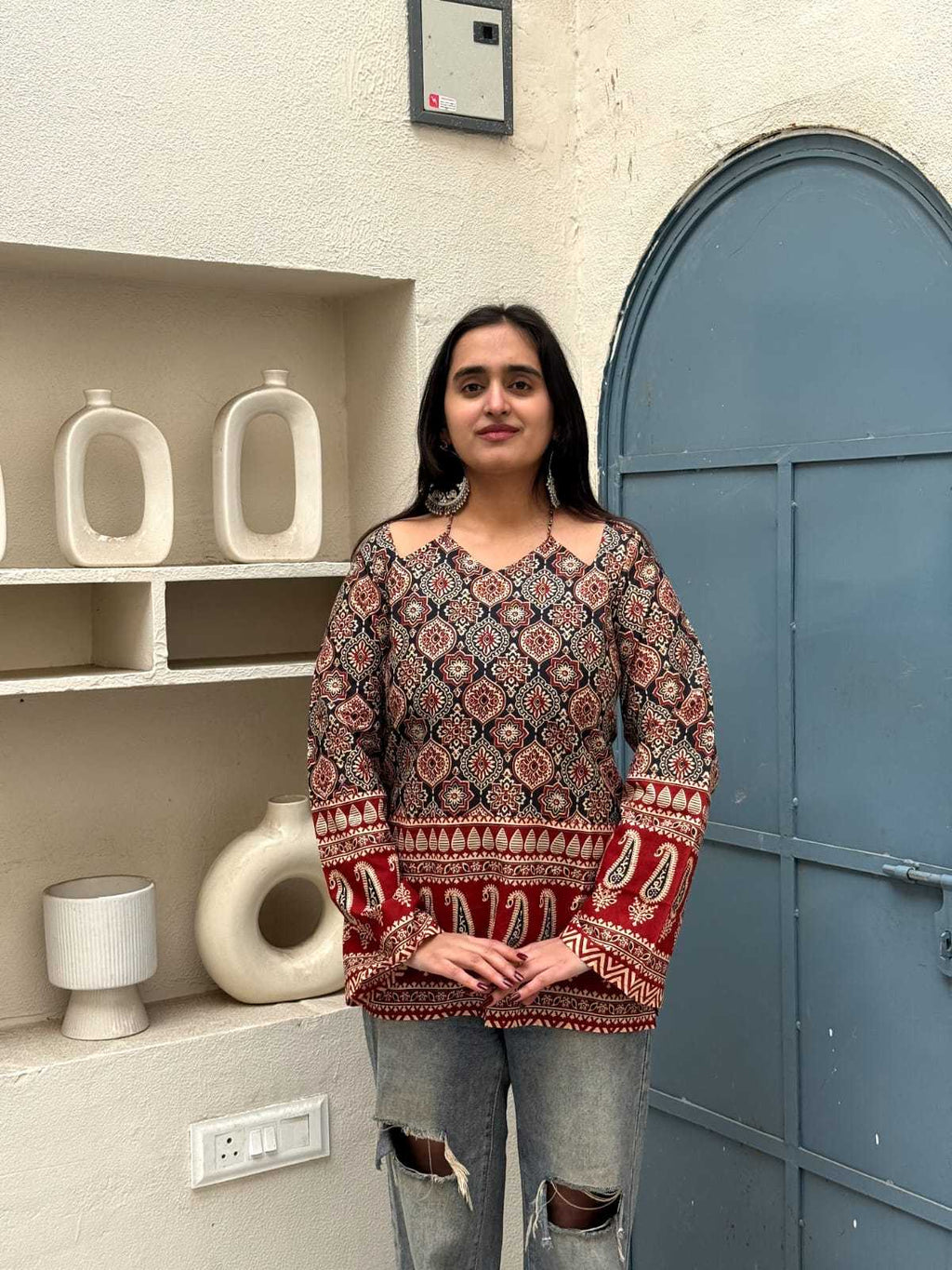 Ajrakh Rust Border Designer Top
