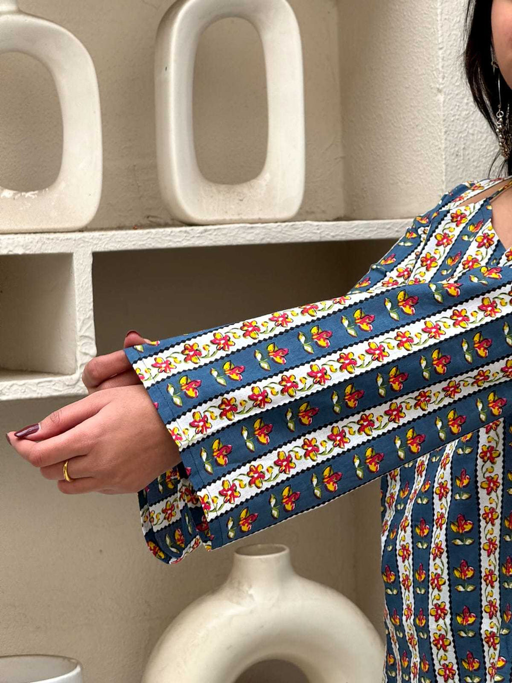 Bagru Teal Bloom Stripe Top