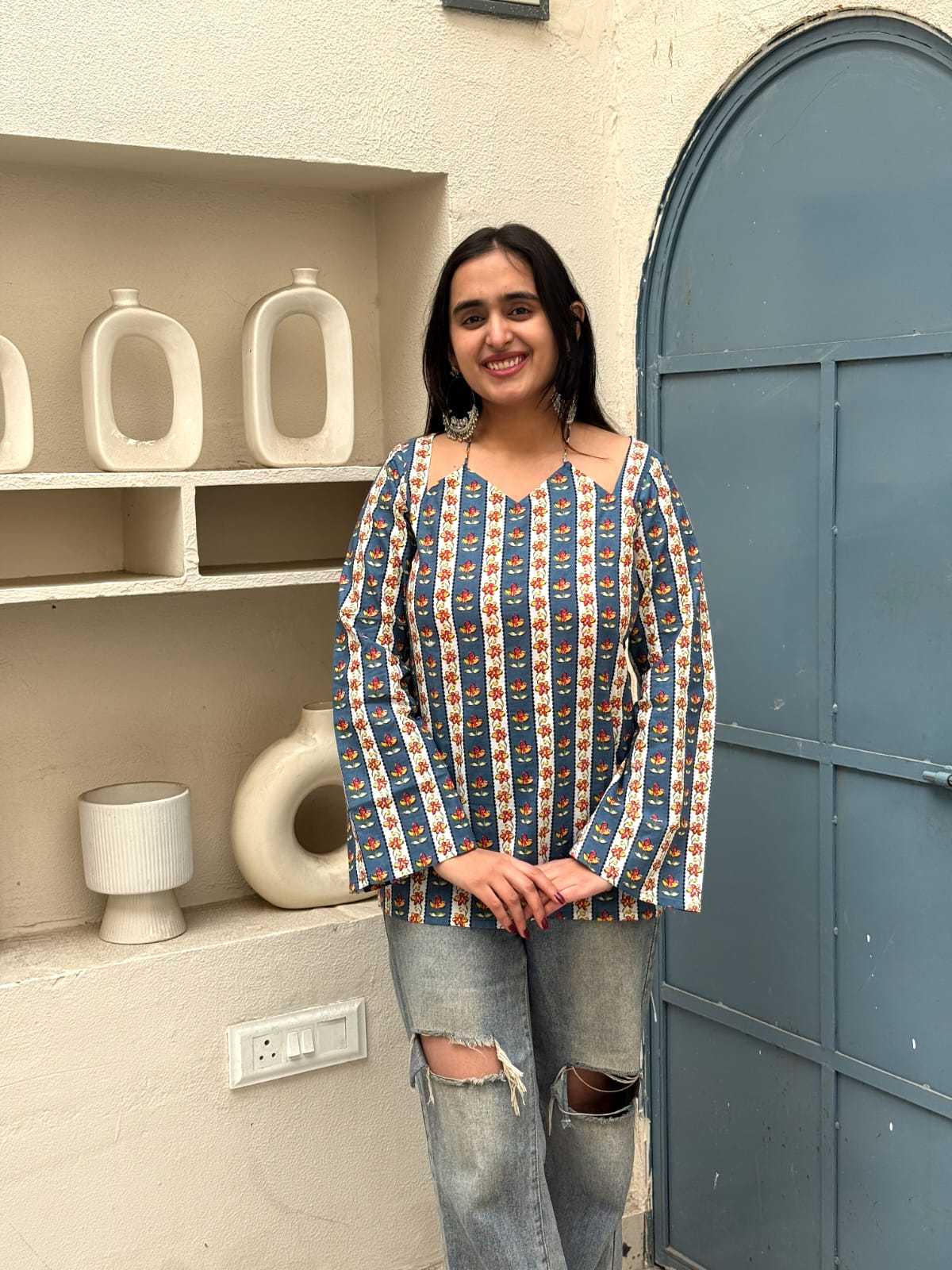 Bagru Teal Bloom Stripe Top