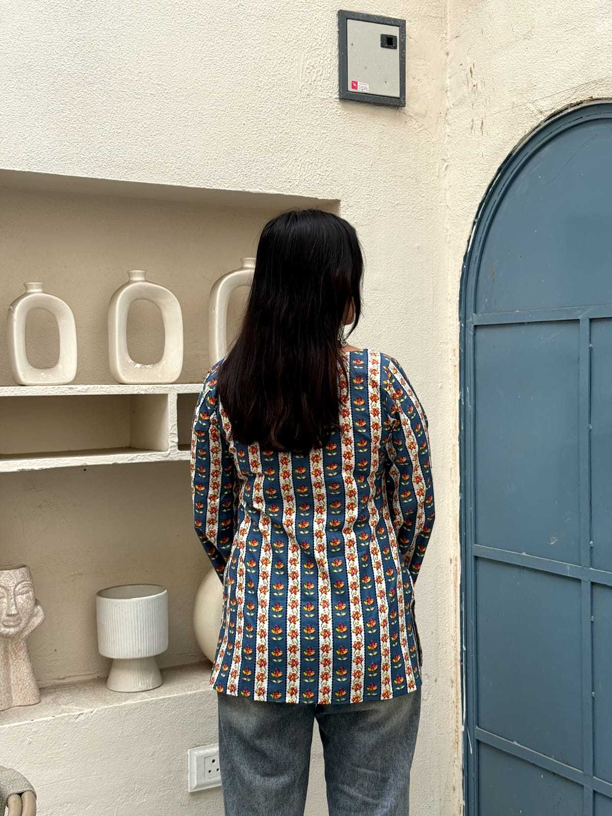 Bagru Teal Bloom Stripe Top