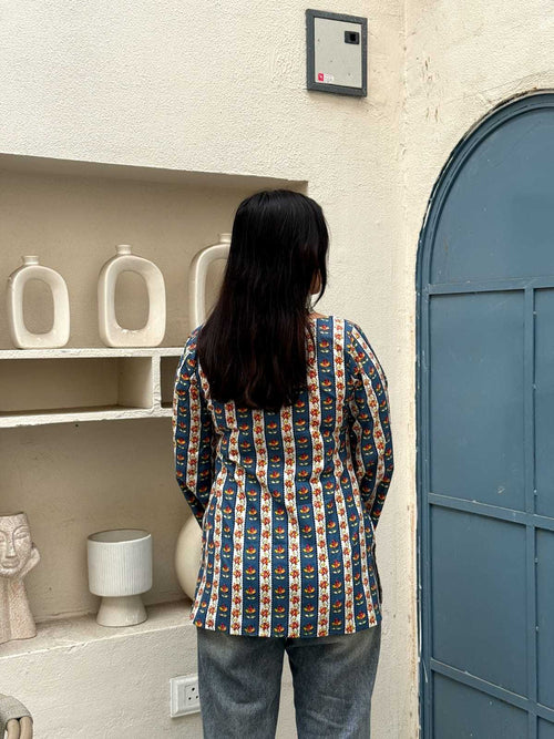 Bagru Teal Bloom Stripe Top