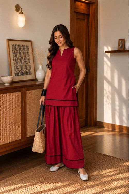 Wine Red Sleeveless Minimal Farshi Salwar Set