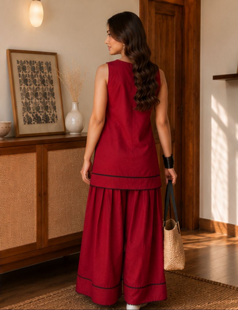 Wine Red Sleeveless Minimal Farshi Salwar Set