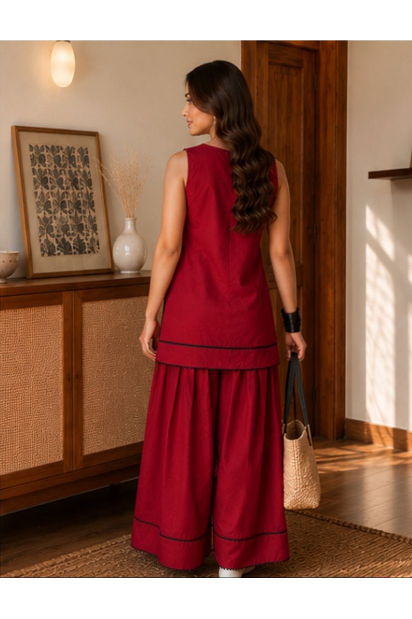 Wine Red Sleeveless Minimal Farshi Salwar Set