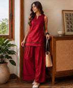 Wine Red Sleeveless Minimal Farshi Salwar Set