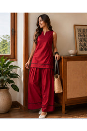 Wine Red Sleeveless Minimal Farshi Salwar Set
