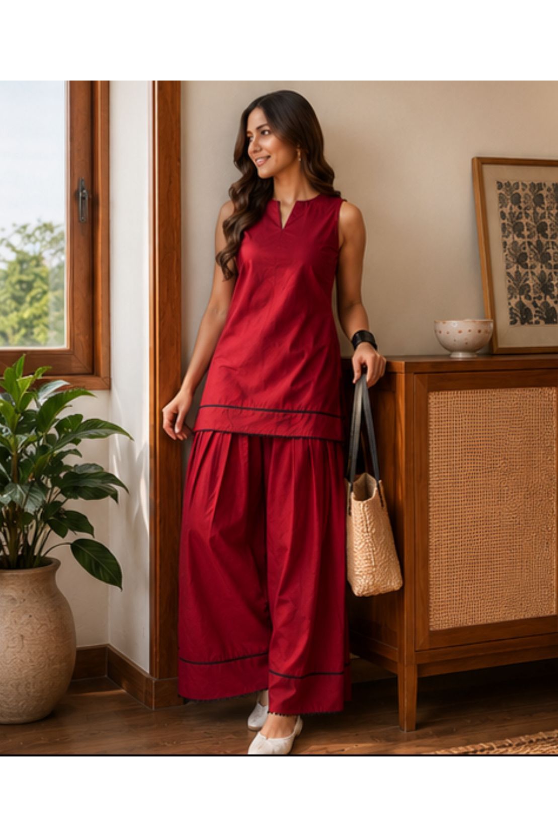 Wine Red Sleeveless Minimal Farshi Salwar Set