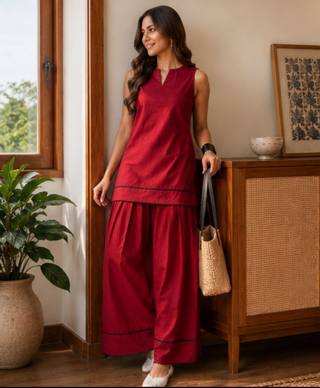 Wine Red Sleeveless Minimal Farshi Salwar Set