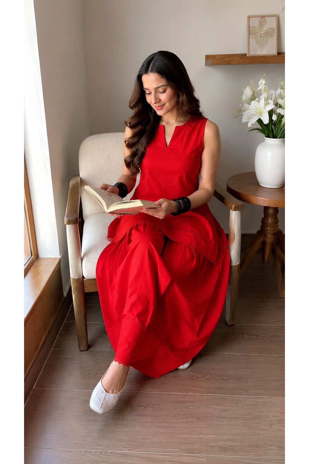 Scarlet Red Lace Trim Farshi Salwar Set