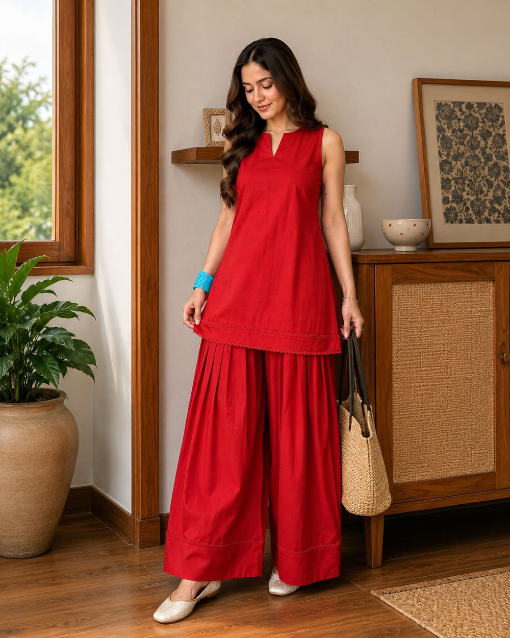 Scarlet Red Lace Trim Farshi Salwar Set