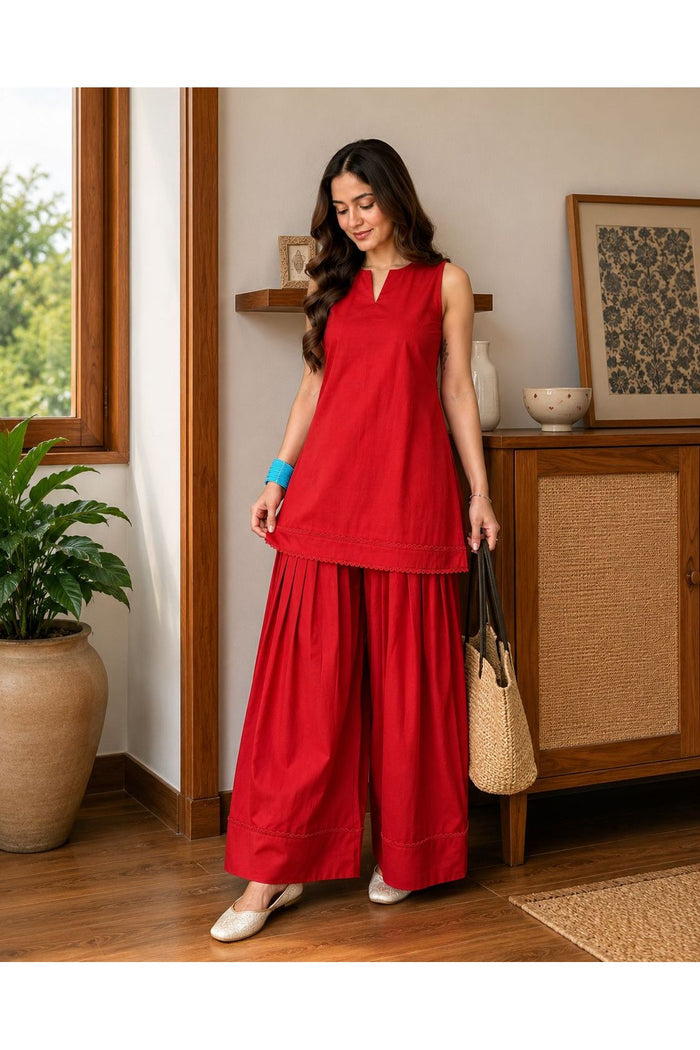 Scarlet Red Lace Trim Farshi Salwar Set