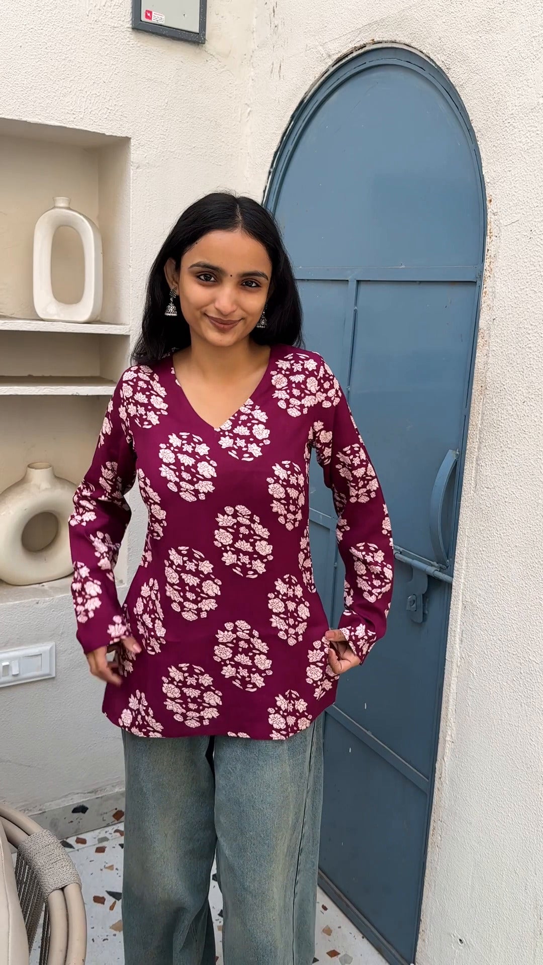 Berry Blossom Printed Bell Sleeve Kurti