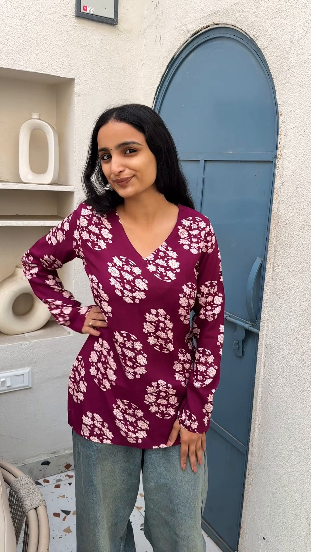 Berry Blossom Printed Bell Sleeve Kurti